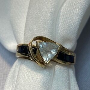 Elegant 10k Yellow Ring with Aquamarine and Sapphire in Pretty Setting